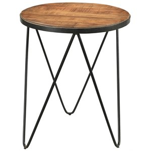 Nina Solid Wood Round End Table with Cast Iron Hairpin Legs in Brown