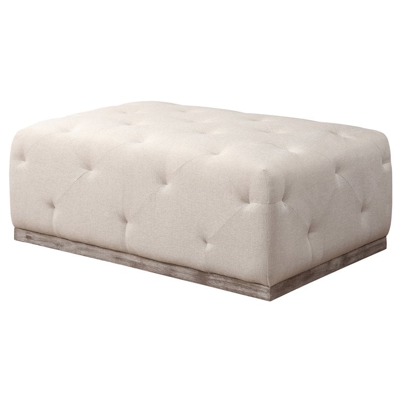 Piper Tufted Ottoman in Heavy Weave Ivory Fabric with Solid Wood Base