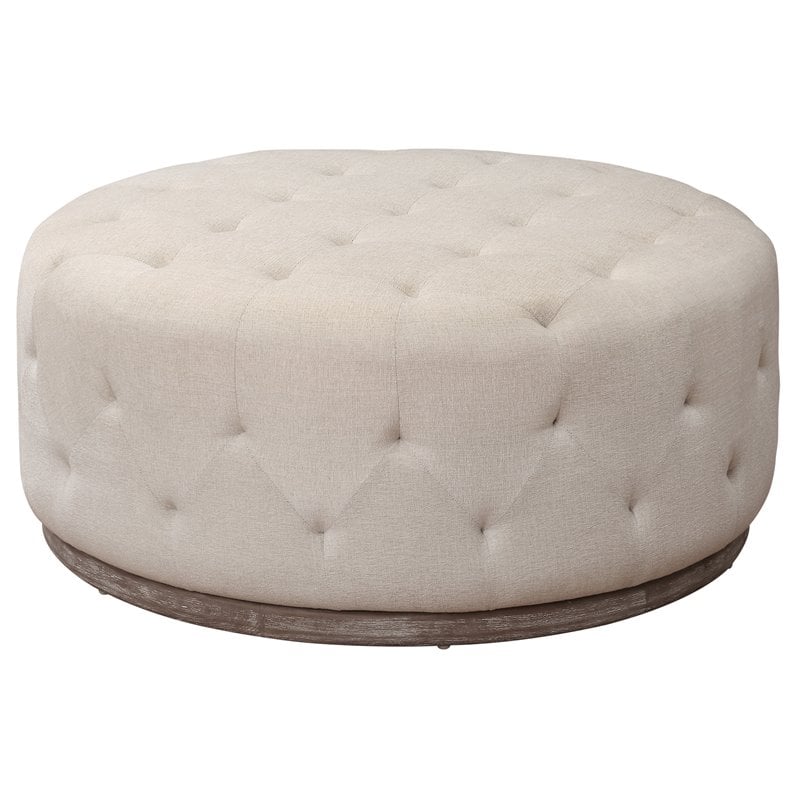 Piper Tufted Ottoman in Heavy Weave Ivory Fabric with Solid Wood Base