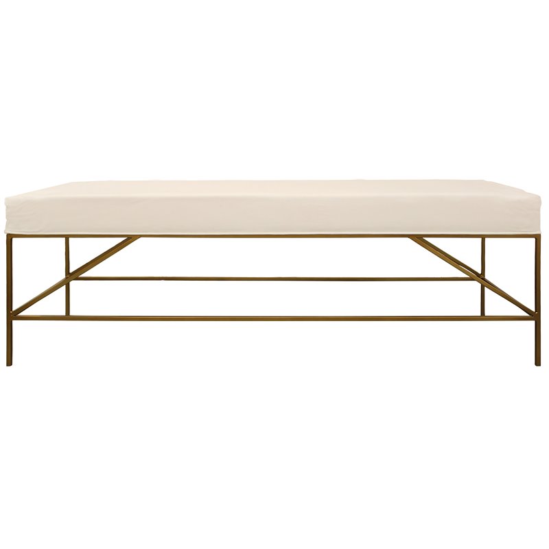 Hill Bench Upholstered in Ivory Linen Fabric on a Brass-Finished Cast Iron Base