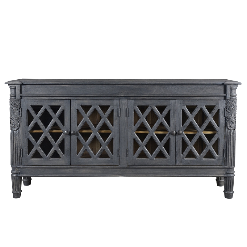 Carmenita Carlyle Solid Wood 4 Door Sideboard with Glass Inserts in Gray