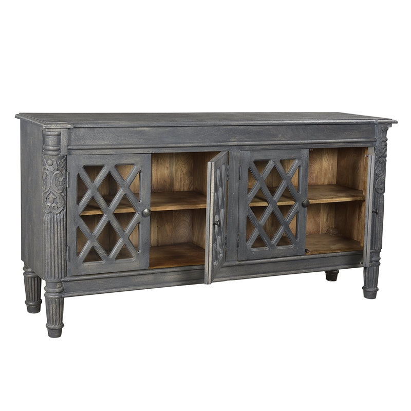 Carmenita Carlyle Solid Wood 4 Door Sideboard with Glass Inserts in Gray