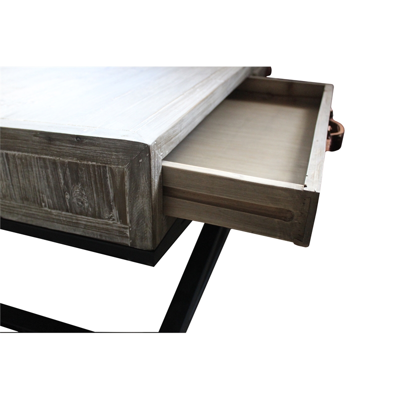 Syracuse Fisher Solid Wood 2 Drawer Cocktail Table in Brown on Cast Iron Base