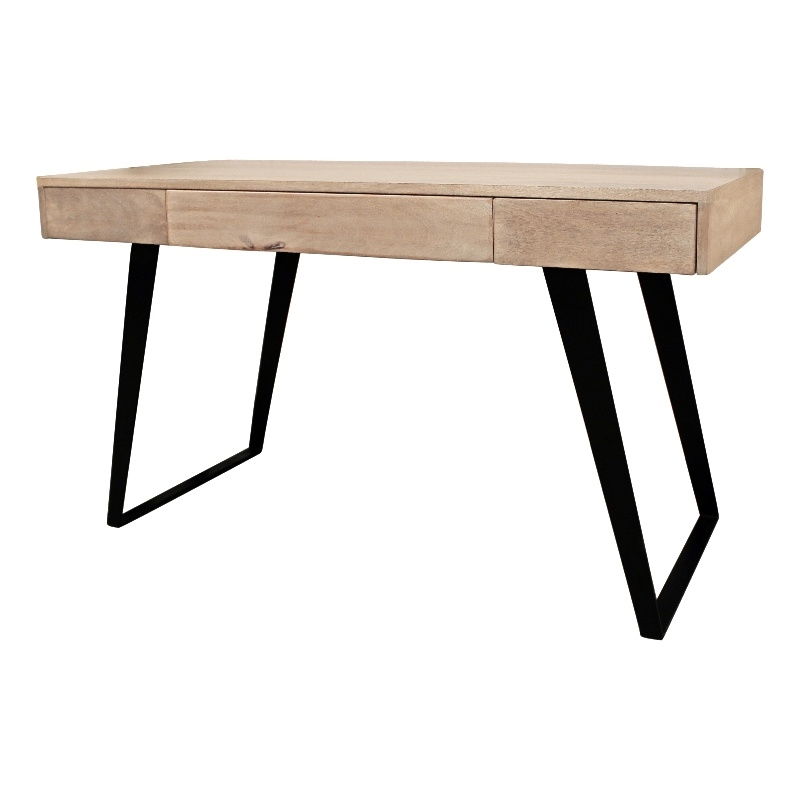 Sloane Solid Wood 3 Drawer Desk with Cast Iron Legs in Beige