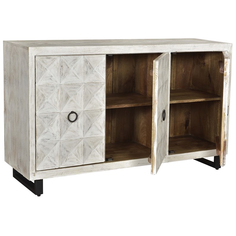 Gridley Hastings 3-Door Mango Solid Wood Sideboard in Ivory on Iron Base