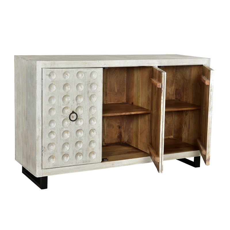 Gridley Putnam 3-Door Mango Solid Wood Sideboard in Ivory on Iron Base