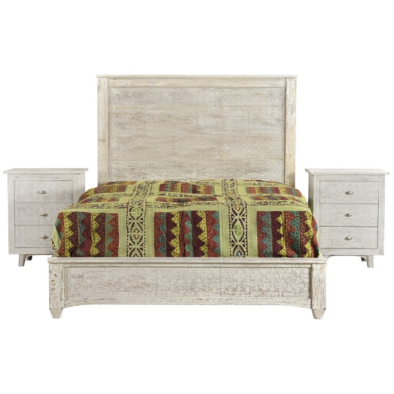 Gridley Mango Solid Wood Hand-Carved Queen Bed in White Wash