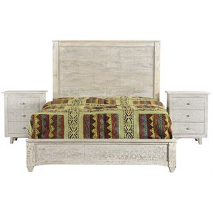 Gridley Mango Solid Wood Hand-Carved Queen Bed in White Wash