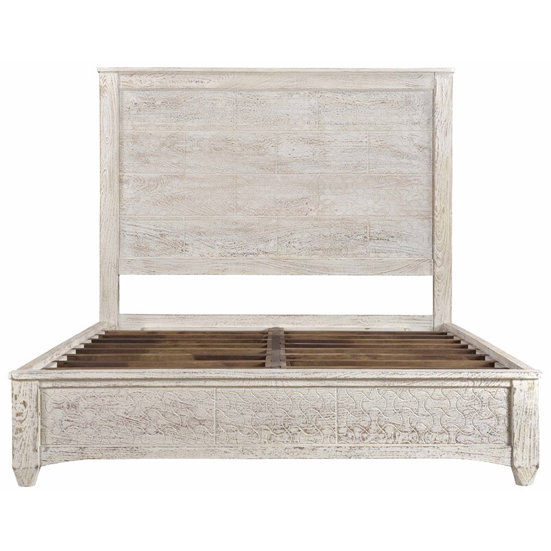 Gridley Mango Solid Wood Hand-Carved Queen Bed in White Wash