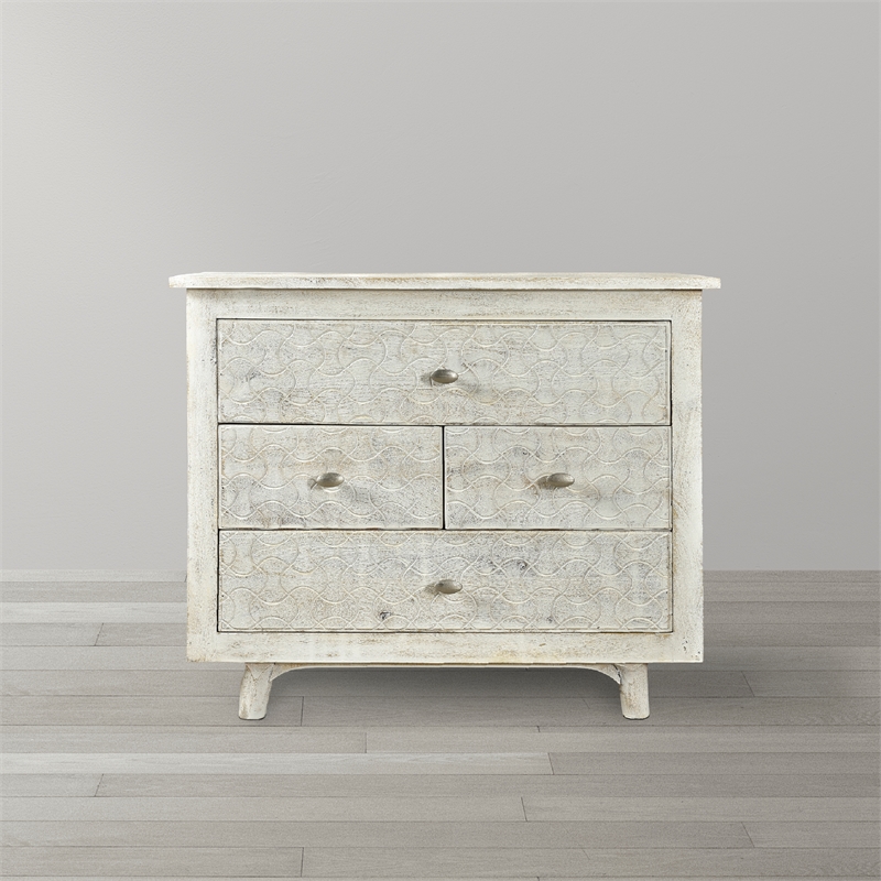 Gridley Hand-Carved 4-Drawer Nightstand on Mango Solid Wood in White Wash