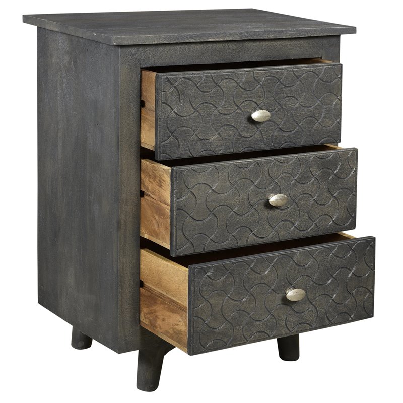 Gridley Solid Wood 3 Drawer Hand-Carved Nightstand in Gray Wash