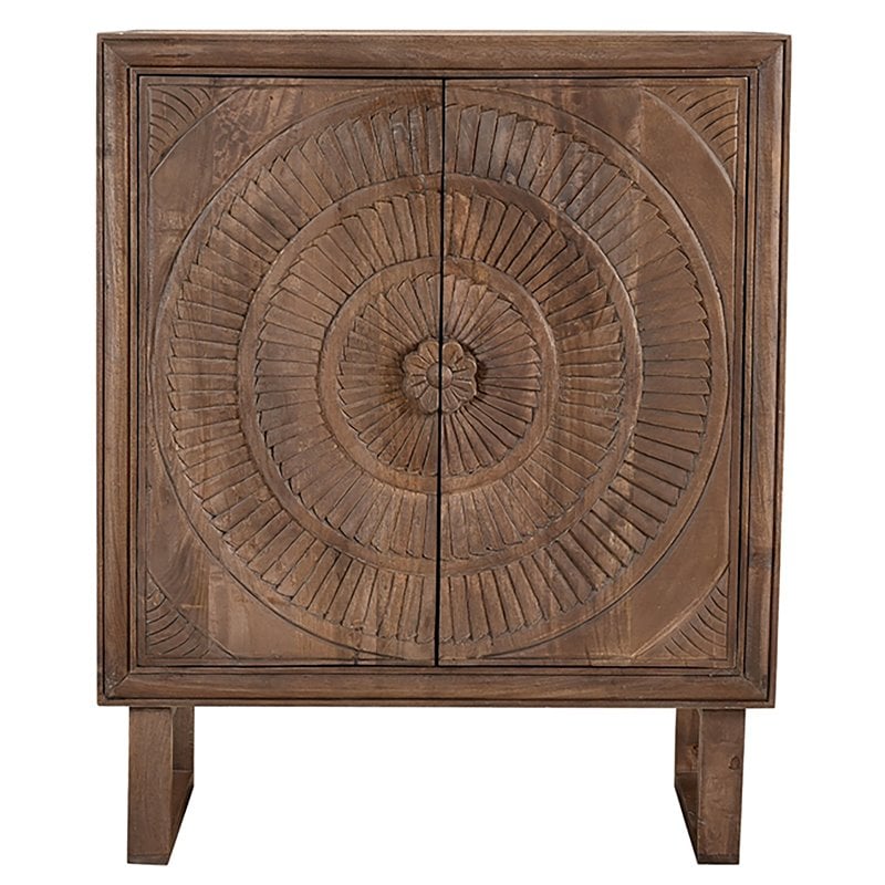 Albert Solid Wood Cabinet with 2 Hand-Carved Doors in Brown Finish