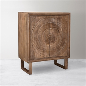Albert Solid Wood Cabinet with 2 Hand-Carved Doors in Brown Finish