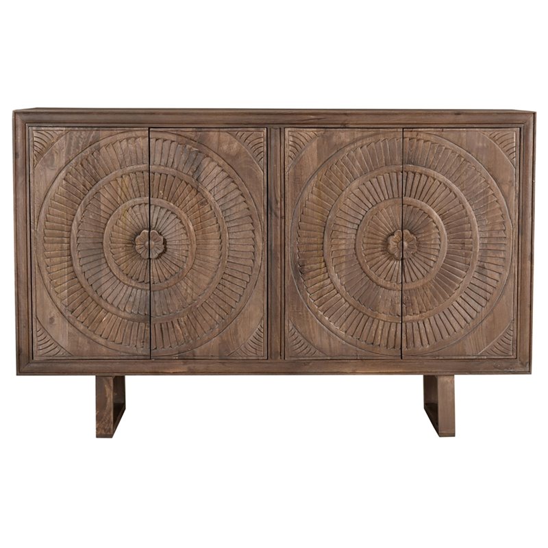 Albert Solid Wood Cabinet with 4 Hand-Carved Doors in Brown Finish