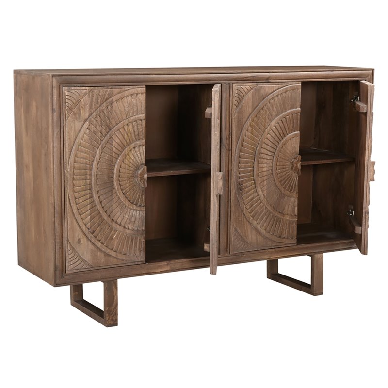 Albert Solid Wood Cabinet with 4 Hand-Carved Doors in Brown Finish