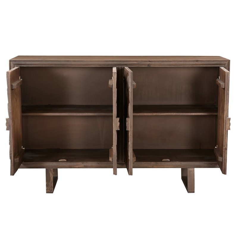 Albert Solid Wood Cabinet with 4 Hand-Carved Doors in Brown Finish