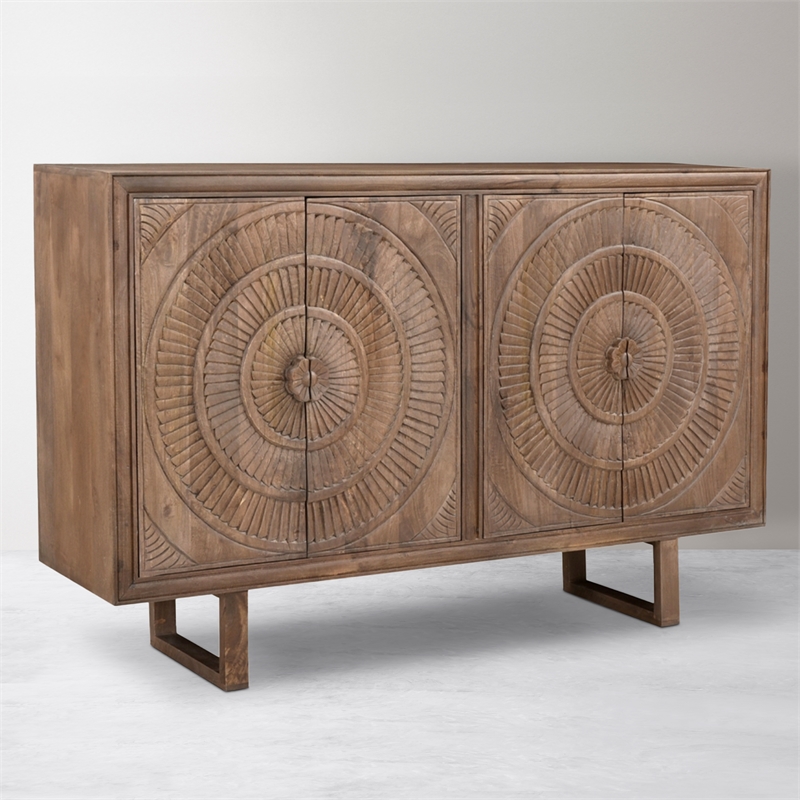 Albert Solid Wood Cabinet with 4 Hand-Carved Doors in Brown Finish