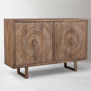 Albert Solid Wood Cabinet with 4 Hand-Carved Doors in Brown Finish