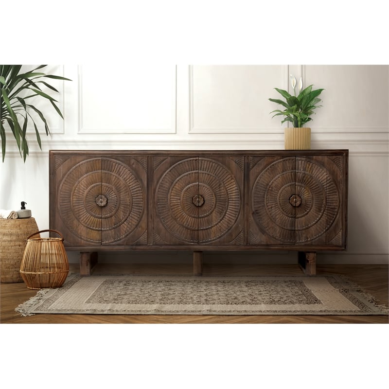 Albert Solid Wood Cabinet with 6 Hand-Carved Doors in Brown Finish