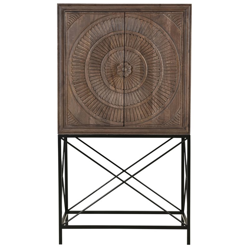 Albert Solid Wood Wine Cabinet with 2 Hand-Carved Doors in Brown
