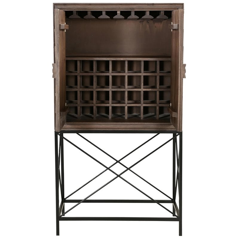 Albert Solid Wood Wine Cabinet with 2 Hand-Carved Doors in Brown