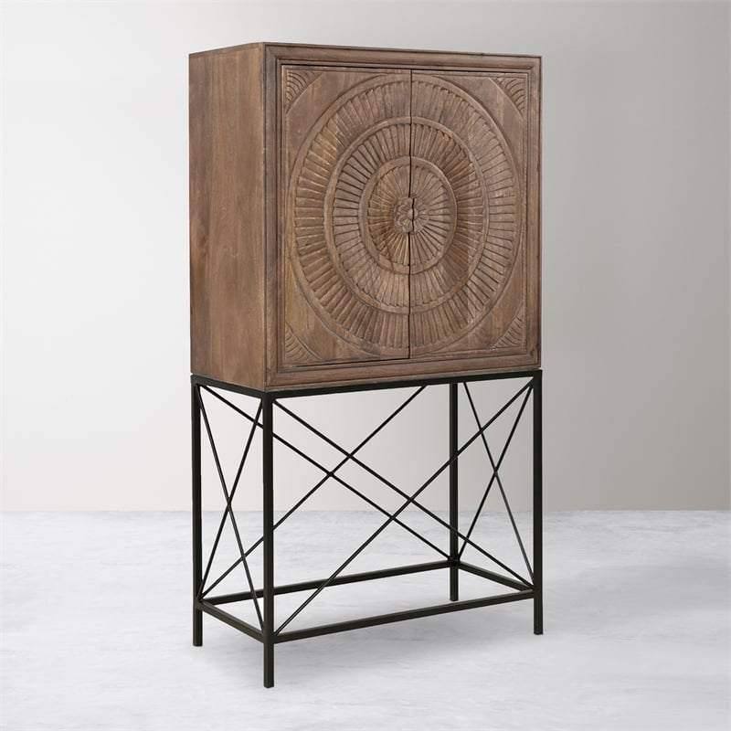 Albert Solid Wood Wine Cabinet with 2 Hand-Carved Doors in Brown