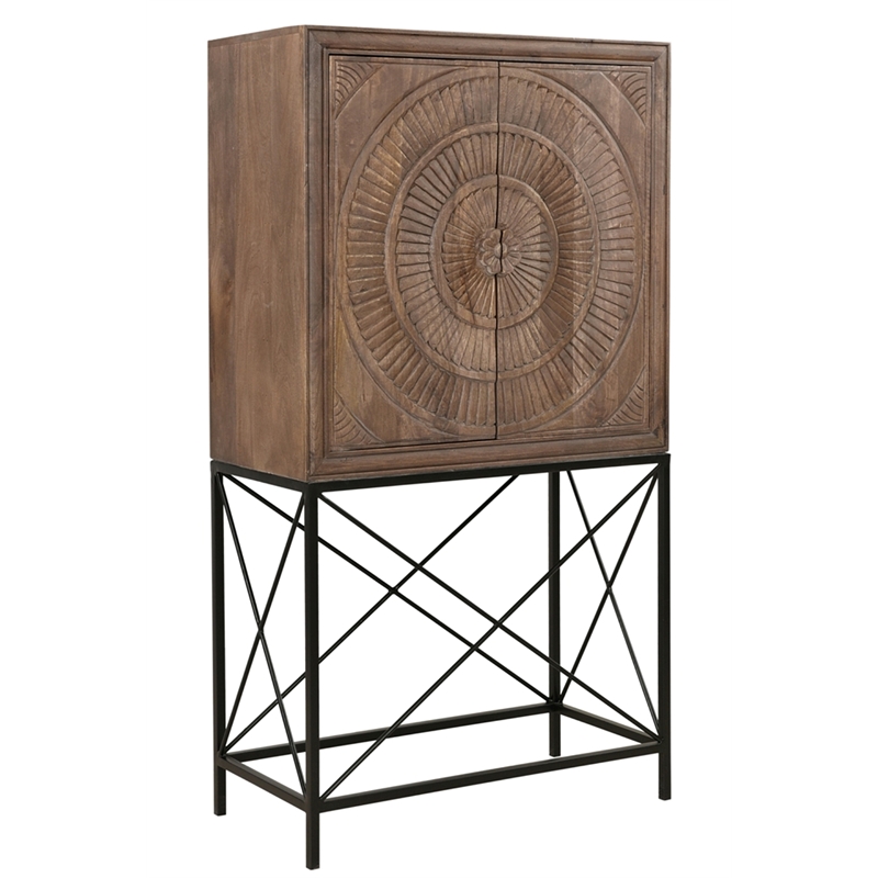 Albert Solid Wood Wine Cabinet with 2 Hand-Carved Doors in Brown