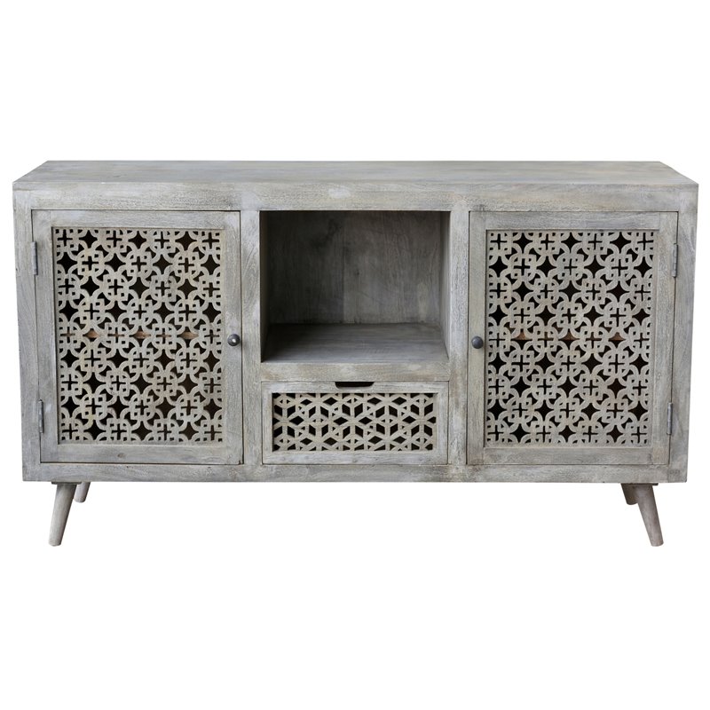 Halle Solid Wood 2 Door 1 Drawer Hand-Carved Media Console in Natural
