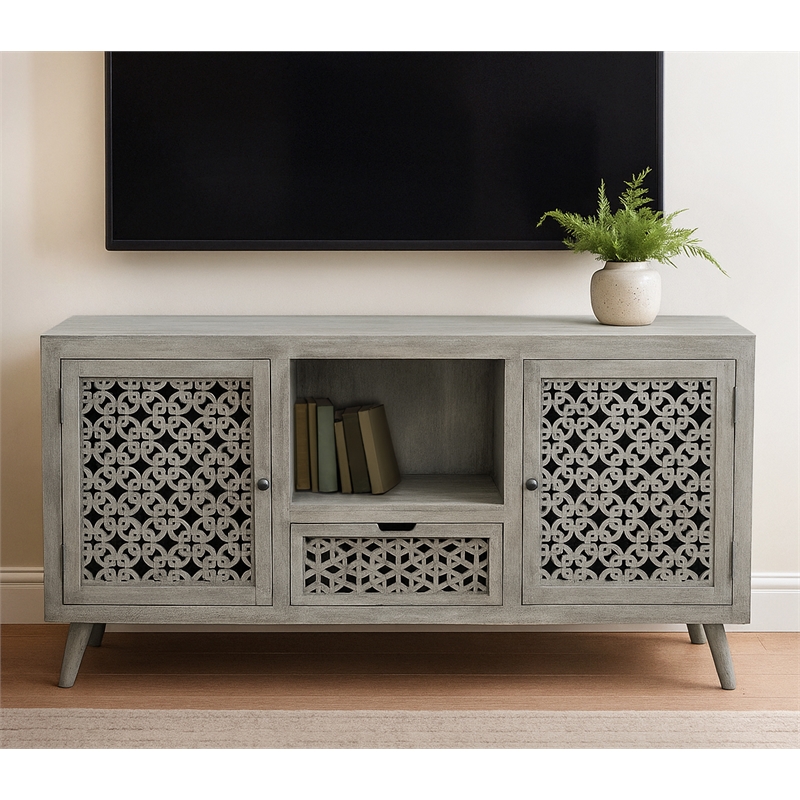 Halle Solid Wood 2 Door 1 Drawer Hand-Carved Media Console in Natural