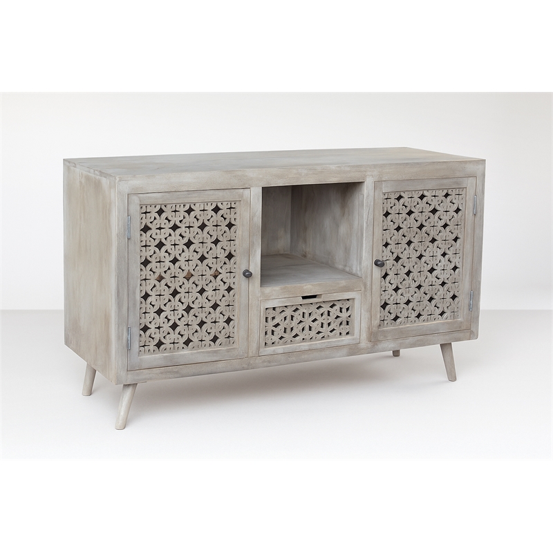 Halle Solid Wood 2 Door 1 Drawer Hand-Carved Media Console in Natural