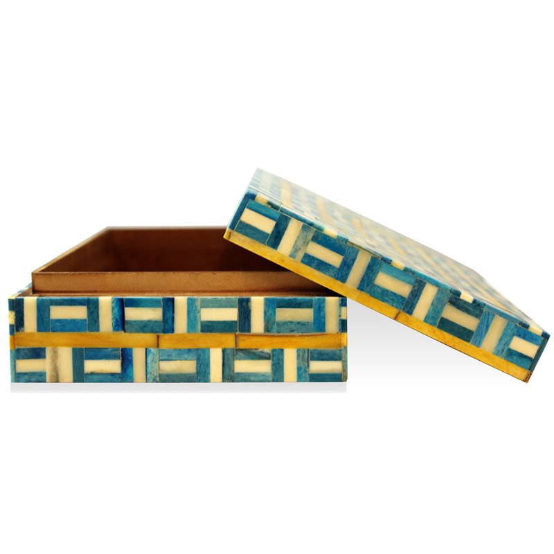 Hymn Mango Solid Wood Grid Box in Blue with Geometric Design