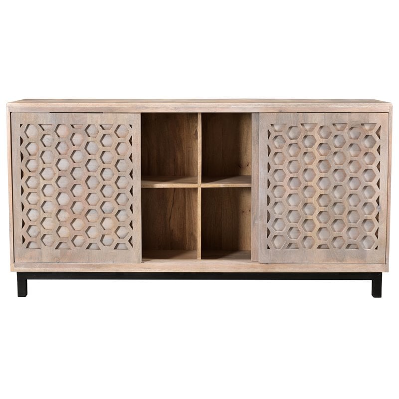 Combe Solid Wood 3 Sliding Door Sideboard on Cast Iron Base in Gray Wash