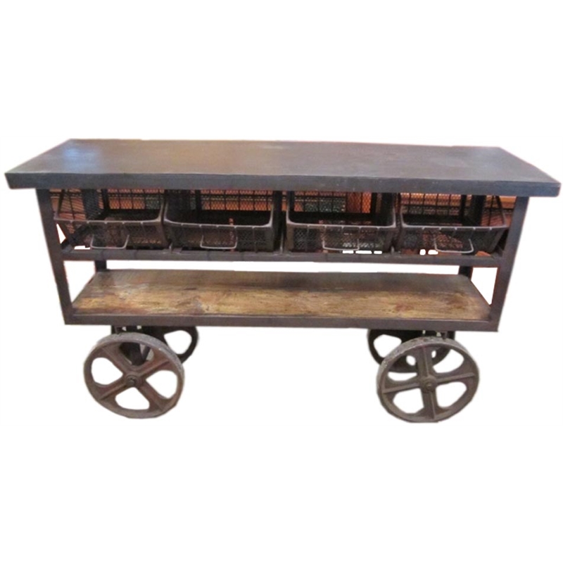 Golden Solid Wood 4 Drawer Cart on Cast Iron Wheels in Brown