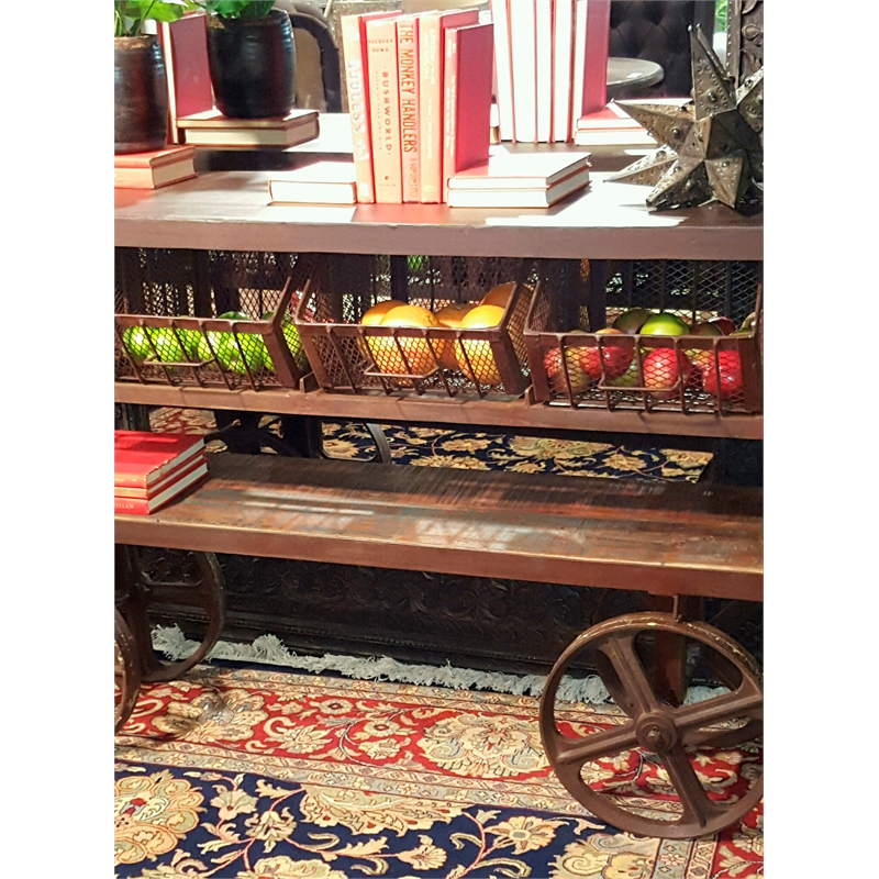 Golden Solid Wood 4 Drawer Cart on Cast Iron Wheels in Brown