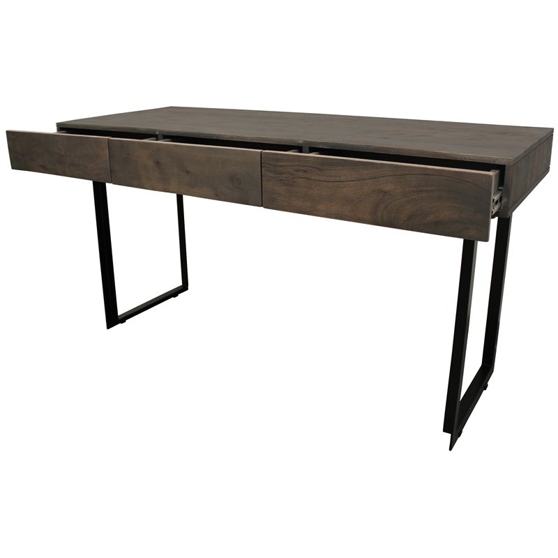 Grady Solid Wood 3 Drawer Desk in Gray Wash with Iron Base