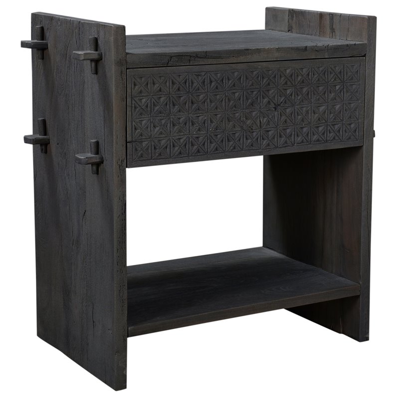 Jamboree Solid Wood Hand-Carved 1 Drawer Nightstand in Gray