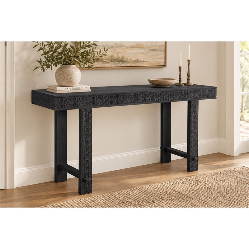 Jamboree Solid Wood Hand-Carved Console Table in Gray