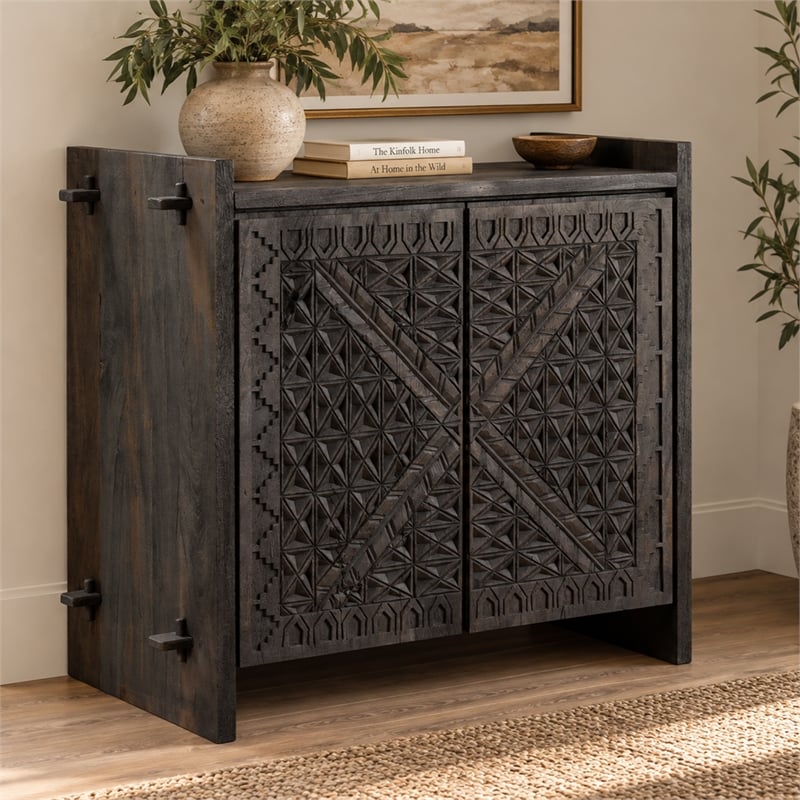 Jamboree Solid Wood Hand-Carved 2 Door Sideboard in Dark Gray