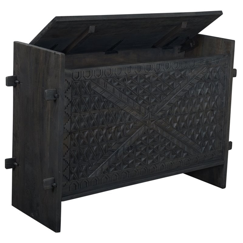 Jamboree Solid Wood Hand-Carved Trunk Box in Dark Gray