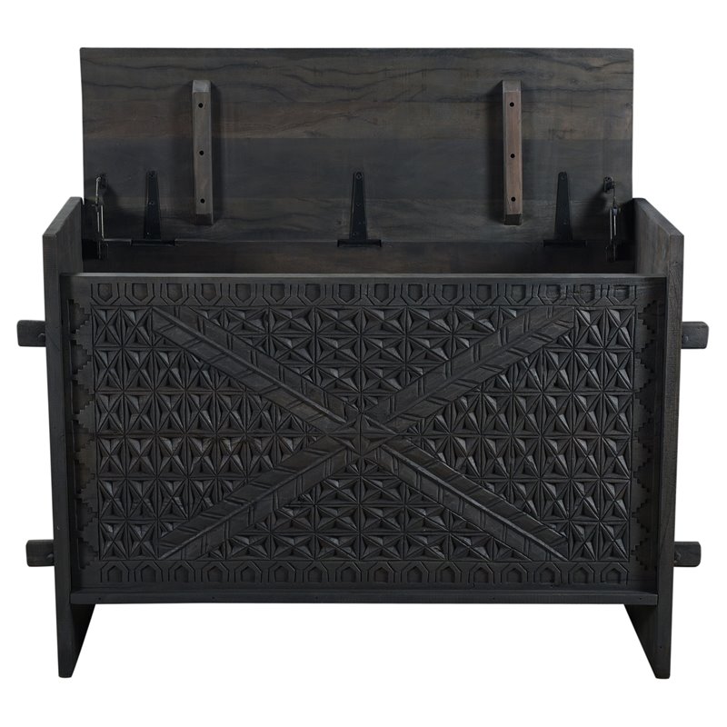 Jamboree Solid Wood Hand-Carved Trunk Box in Dark Gray