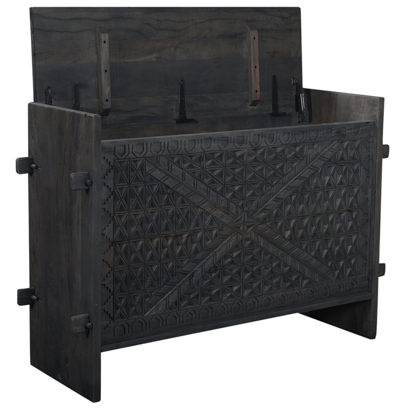 Jamboree Solid Wood Hand-Carved Trunk Box in Dark Gray