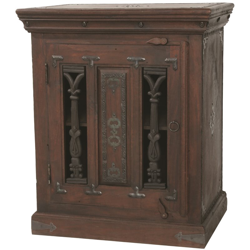 Babylon Solid Wood 1-Door Nightstand in Brown with Iron Accents