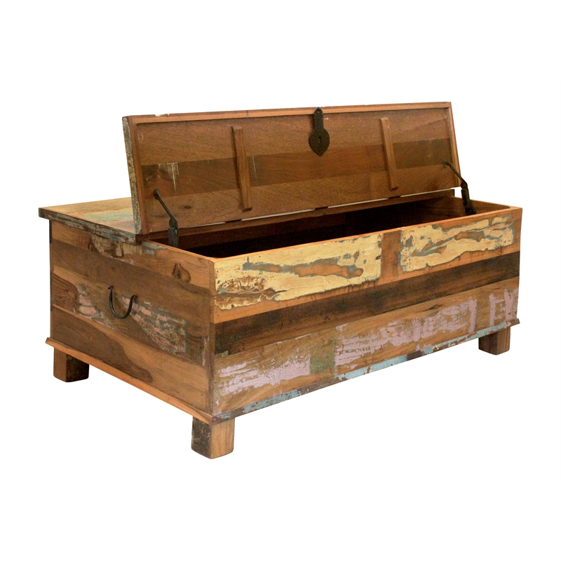 Beach Solid Wood Box Cocktail Table with Lifting Top in Multi-Color