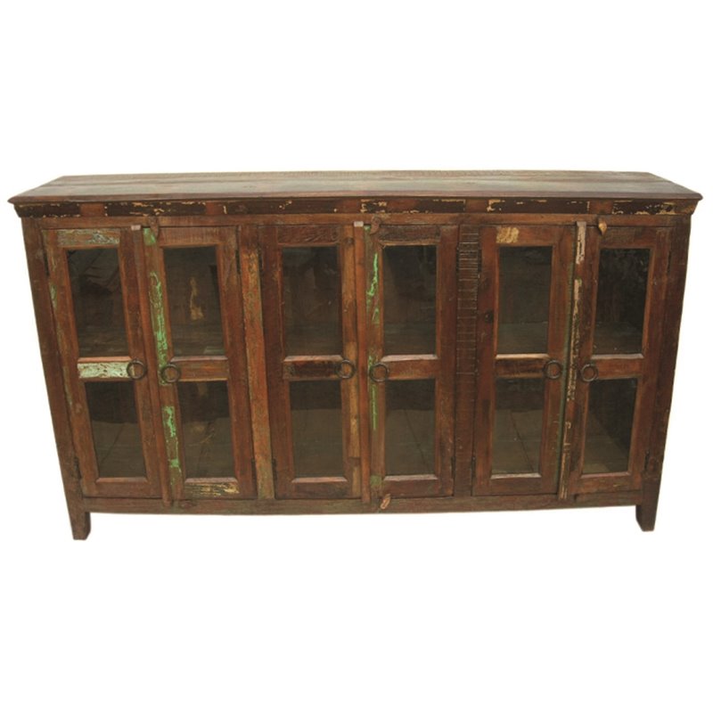 Beach Solid Wood 6 Door Buffet with Glass Inserts in Multi-Color