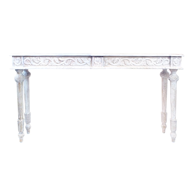 Tigard Console Table in Traditional White Finish on Hand-Carved Solid Wood