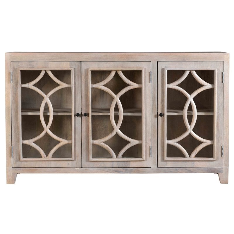 Bayside Canal Solid Wood 3 Glass Door Sideboard in White Wash