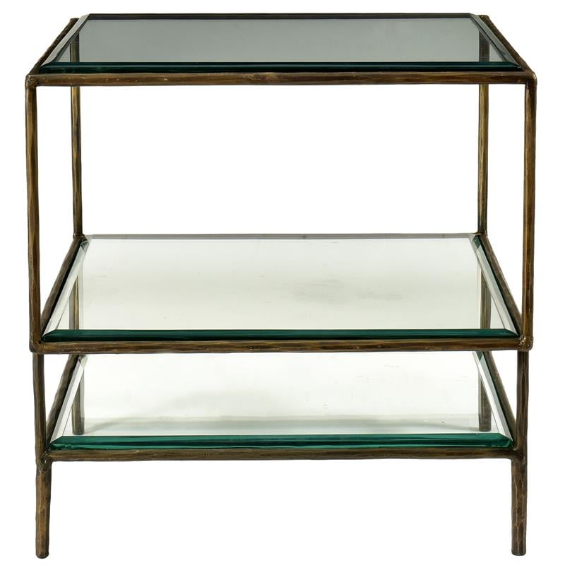 Orlando Melvin Cast Iron Side Table with 3 Glass Top in Antique Brass Finish