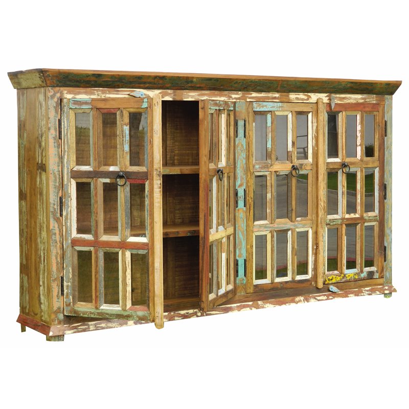 Trinidad Solid Wood 4 Door with Glass Inserts Buffet in Multi-Color