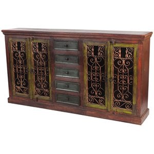 Arvada Solid Wood 4 Door 5 Drawer Hand-Carved Buffet in Brown
