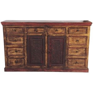 Arvada Solid Wood 2 Door 10 Drawer Hand-Carved Buffet in Brown